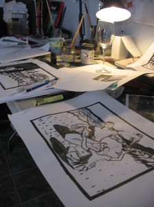 Wine lable drawings on a very messy desk