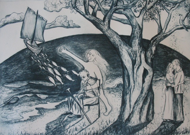 Drypoint by Shana James inspired by Sailing to Byzantium